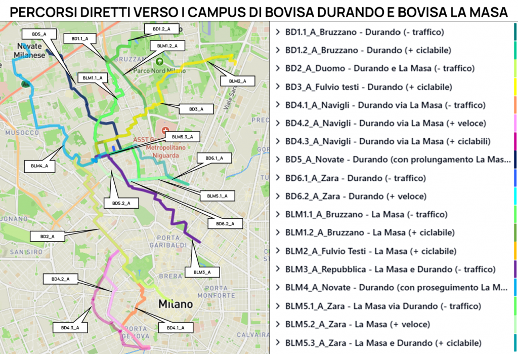 Mappa dei percorsi ciclabili in partenza dal campus Leonardo del Politecnico di Milano. I tragitti evidenziati si dirigono verso aree come Cadorna, Porta Venezia, Centrale, Città Studi e Lambrate, rappresentati con linee colorate che indicano i percorsi consigliati.